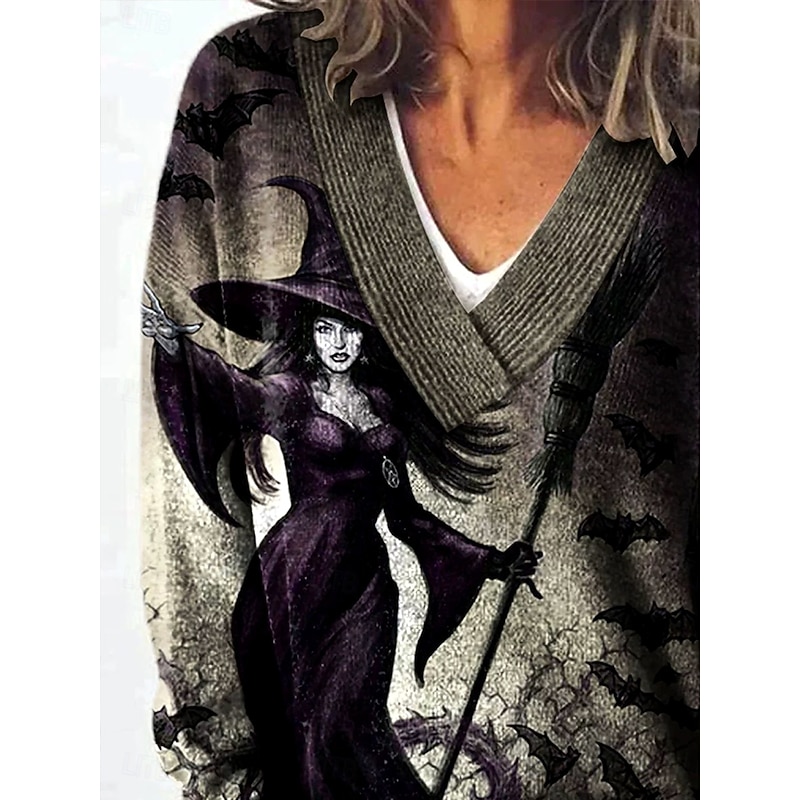 Halloween Women's Cardigan Daily Casual Witch Graphic Skeleton Ribbed V Neck Buttons Print Long Sleeve Regular Tops Knit Outdoor Weekend Black Fall Winter2