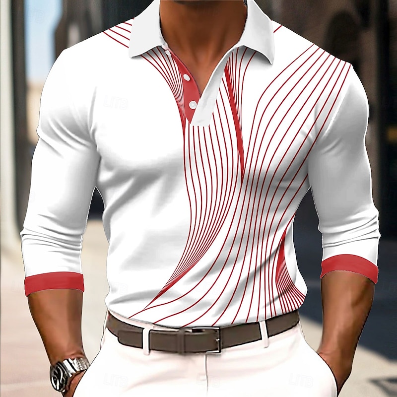 Men's Geometic Line Polo Long Sleeve Polo Shirts Collared Shirts Business Casual Business Athleisure Daily Wear 3D Print Buttons Spring Fall Winter Red Blue Purple3