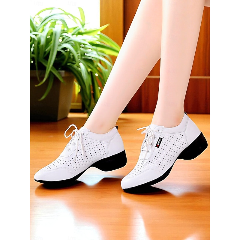 Women's White Leather Lace-Up Dance Shoes - Breathable Professional Jazz Sneakers for Ballroom Practice and Performance