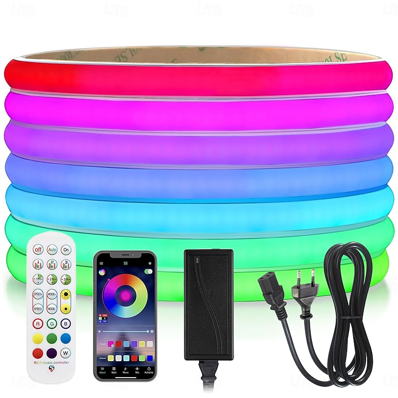 RGBIC Waterproof IP67 10M Flexible COB LED Strip Light  24V WS2811 Pixel Cuttable Outdoor 24-key RF Bluetooth Controller APP Intelligent Color Changing LED Strip Neon White Silicone with Adhesive Back4