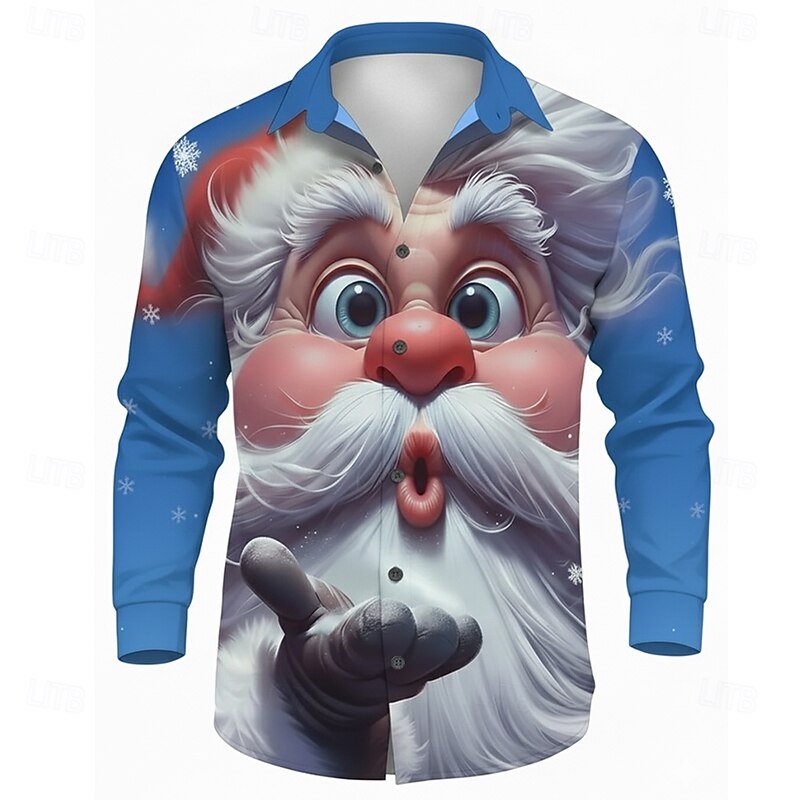 Christmas Men's Santa Claus 3D Cartoon Smile Face Shirt Button Up Shirt Long Sleeve Funny Outdoor Holiday Spring Fall Turndown 3D Print Collared Shirts Red Blue Brown Green Gray3