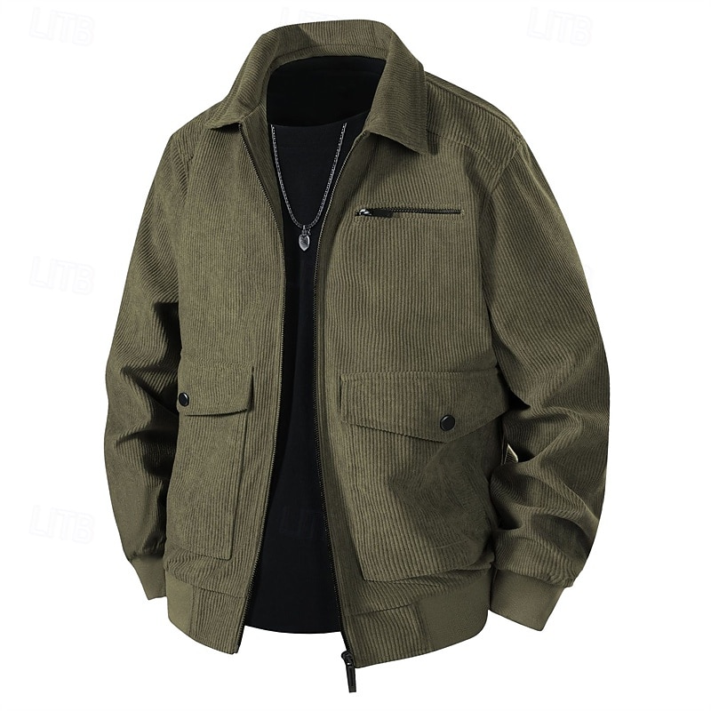 Men's Lightweight Jacket Corduroy Jacket Cargo Jacket Casual Jacket Vacation Daily Breathable Pocket Spring Fall Plain Fashion Classic Lapel Regular Black Khaki Army Green Gray Jacket