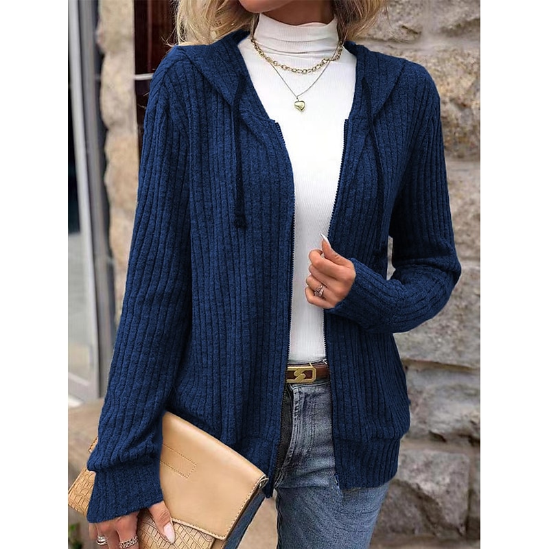 Women's Sweater Cardigan Casual Soft Pure Color Ribbed Hooded Knitted Hooded Long Sleeve Long Tops Knit Outdoor Daily Weekend Black Wine Fall Winter3
