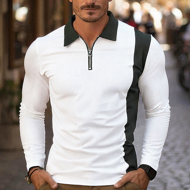 Men's Polo Shirts Quarter Zip Polo Daily Wear Date Lapel Long Sleeve Fashion Basic Color Block Zipper Spring Fall Regular Fit Black White Wine Navy Blue Blue Light Grey Polo Shirts