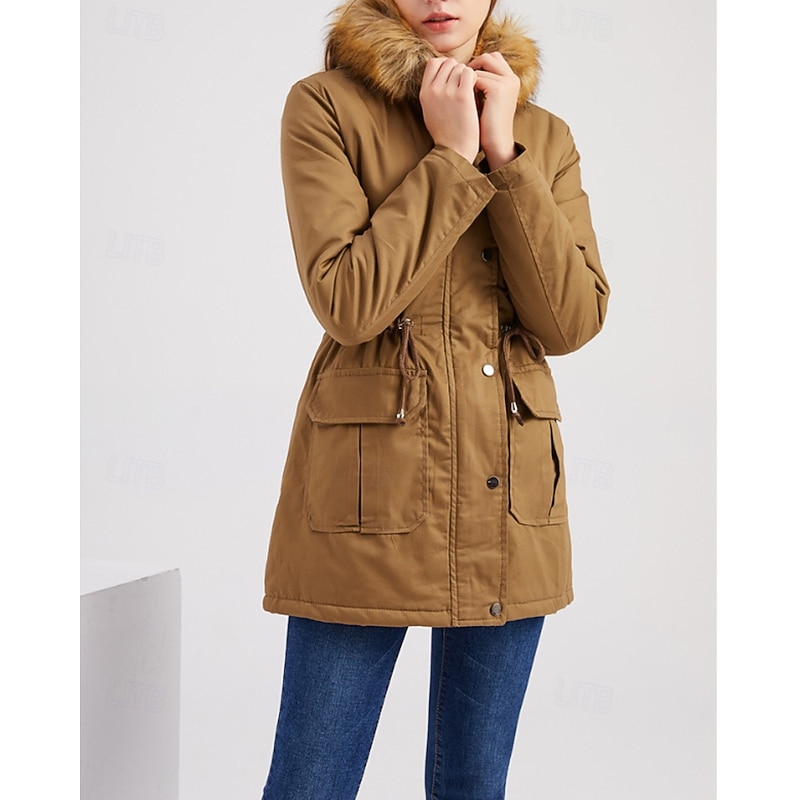 Women's Winter Coat Parka Warm Comfortable Zipper Pocket Fur Collar Casual Plain Vacation Daily Wear Going out Weekend Regular Hooded Regular Fit Long Sleeve Outerwear Black Wine Khaki Fall Winter