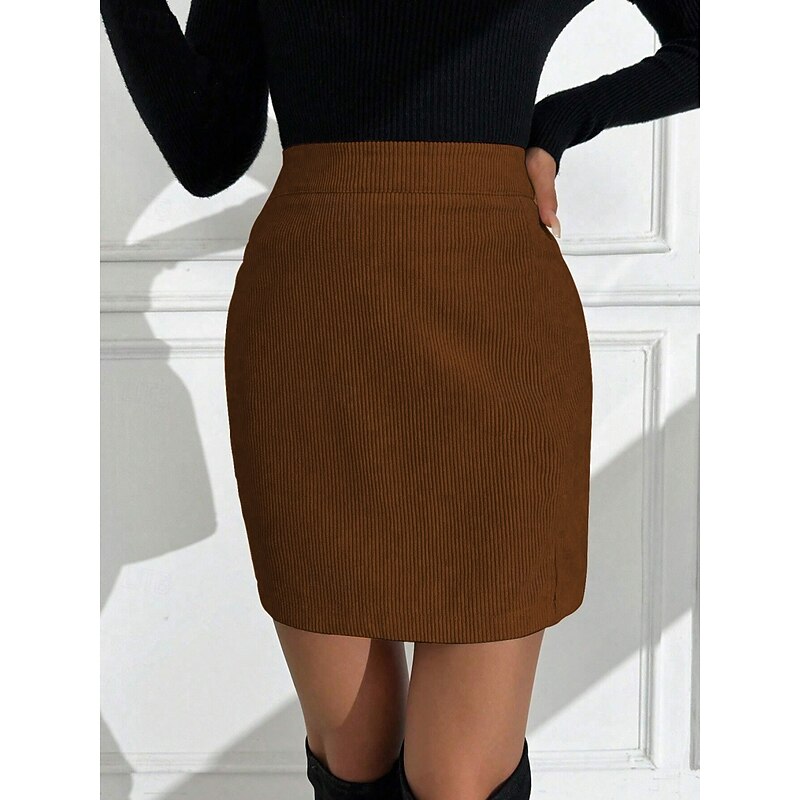 Women's Skirt Bodycon Fashion Retro Vintage Mini High Waist Skirts Plain Split Ends Micro-elastic Street Daily Brown Spring Polyester Corduroy3