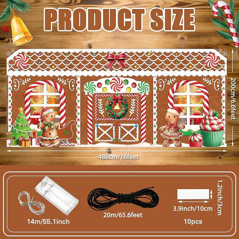 Christmas Outdoor Garage Door Cover Gingerbread Man Candy House Candy Cane Christmas Wreath Large Tapestry Backdrop Holiday Party Wall Decoration For Outdoor Garage Door Home Festival Decor2
