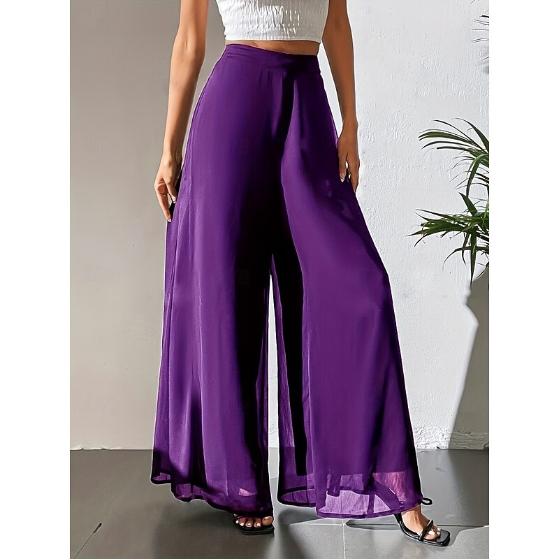 Women's Wide Leg Chinos Fashion Streetwear Basic Full Length High Waist Plain Elastic Waistband Comfy Soft Comfortable Stretchy Outdoor Street Causal Dark Brown Wine Black White Summer Spring Loose3