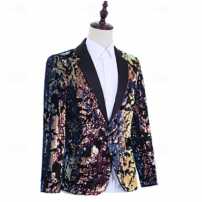 Men's Blazer Jacket Notch Collar Fashion Party Sequin Solid Colored Blazer Black Slim Fit Single Breasted One-button4