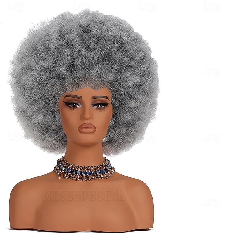 Afro Wig 70s Curly Wigs for Black Women Glueless Afro Wigs Large Bouncy and Soft Natural Looking Full Wigs Big Afro Puff Wig With Bangs Synthetic Hair Afro Wig for Daily (Dark Gray)2