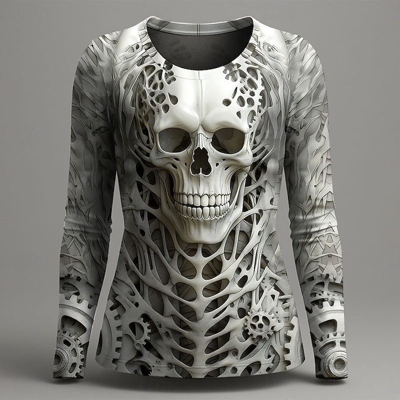 Halloween Women's T Shirt Graphic Skull Skeleton Vintage Fashion Stylish Long Sleeve Crew Neck Round Neck Regular Tops Daily Weekend Print Red Purple Green Gray Summer Spring Fall