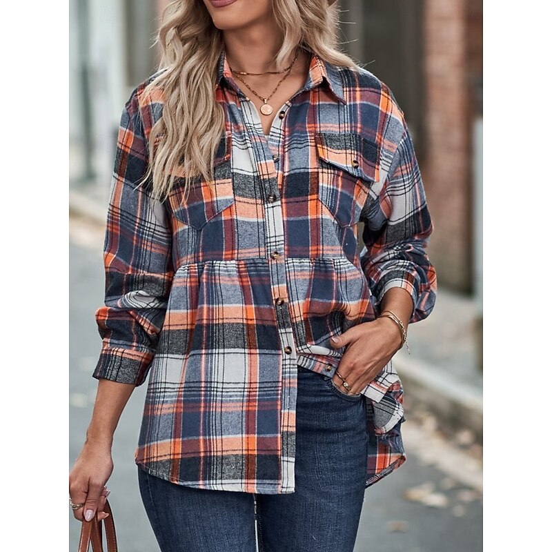 Women's Casual Jacket Shacket Comfortable Breathable Pocket Buttons Print Casual Plaid Vacation Street Casual Daily Wear Single Breasted Regular Turndown Regular Fit Long Sleeve Outerwear Yellow Pink3