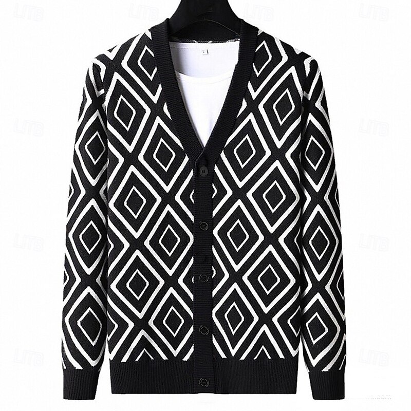 Men's Geometric Diamond Pattern Cardigan Sweater V Neck Casual School Vacation Daily 3D Print Keep Warm Long Sleeve Spring Fall Winter Black Yellow Dark Gray4