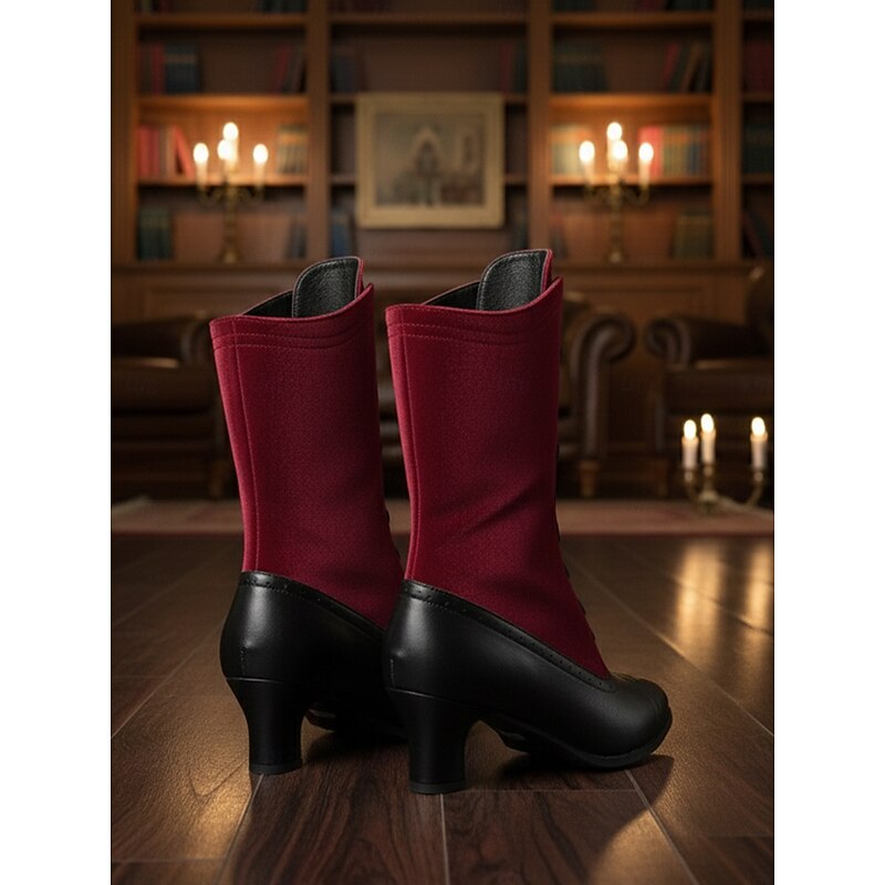 Women's 1900s Victorian Lace-Up Mid-Calf Boots – Burgundy Satin and Black Faux Leather Retro Heeled Footwear for Historical Costumes, Gatsby Party and Stage Performances4