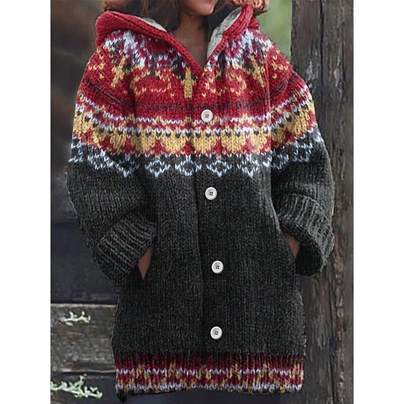 Women's Cardigan Daily Casual Geometric Color Gradient Ribbed Hooded Pocket Buttons Print Long Sleeve Long Tops Knit Outdoor Weekend Red Fall Winter