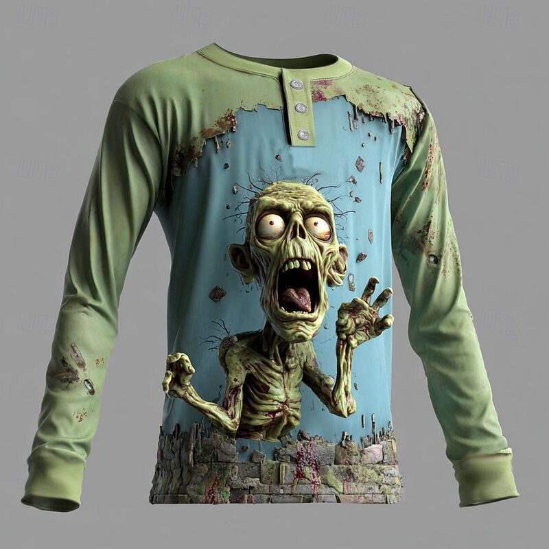 Men's Halloween Zombies Henley Shirt Long Sleeve Fashion Cute Daily Casual Holiday Going out Fall Spring &  Fall Blue Green Purple Khaki Henley Henley T-Shirt