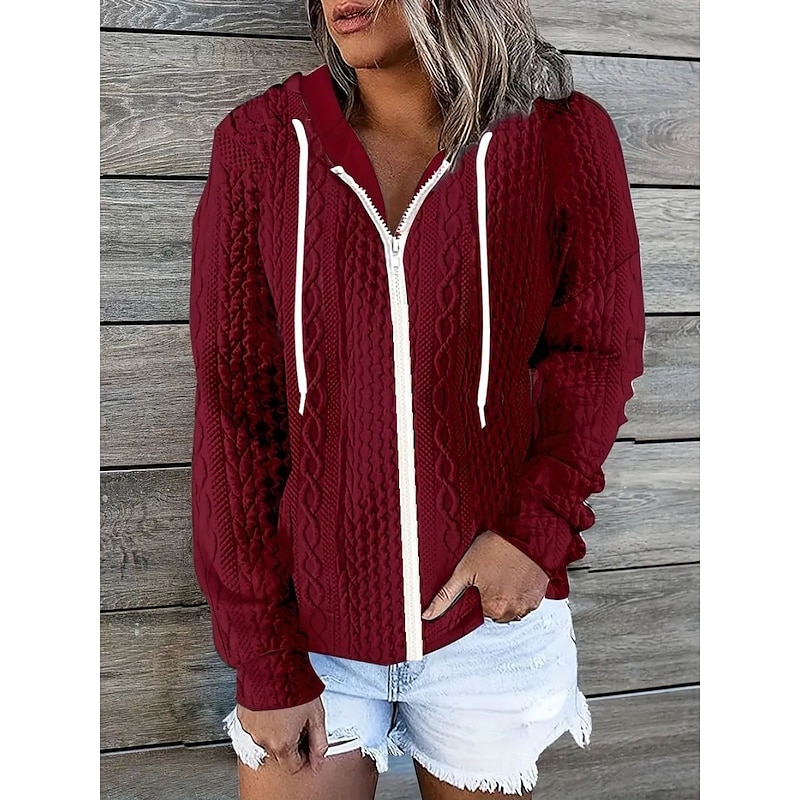 Women's Hoodie Jacket Comfortable Breathable Zipper Pocket Casual Plain Vacation Street Casual Daily Wear Zipper Regular Hooded Regular Fit Long Sleeve Outerwear Black Pink Wine Spring Fall4