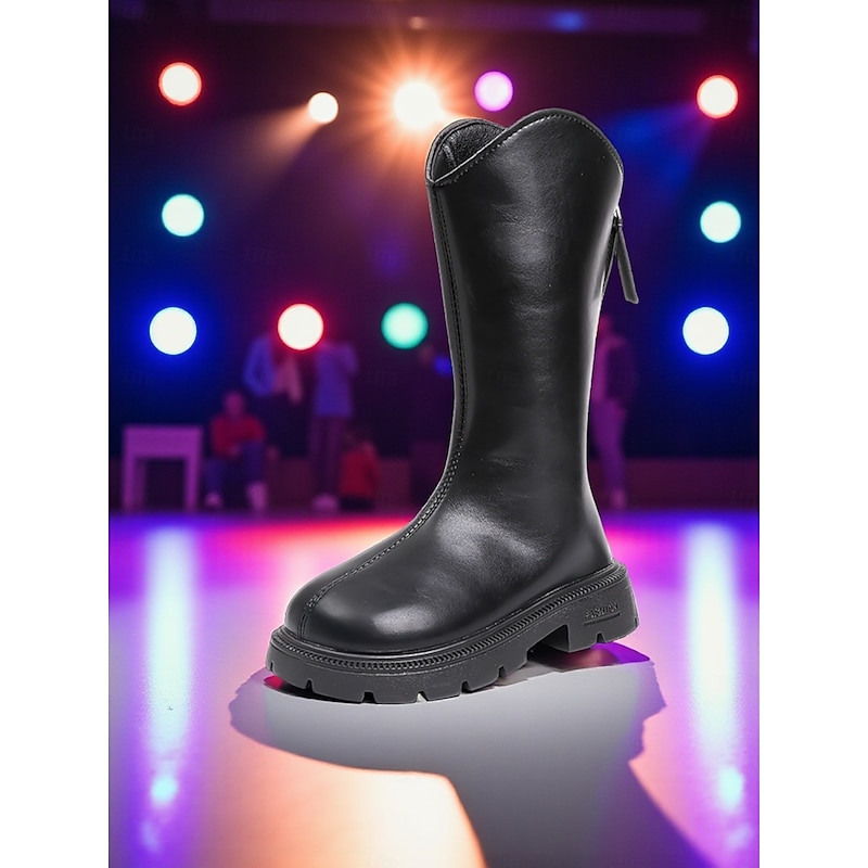Korean Idol Inspired Pop Star Costume Shoes Girls' White Faux Leather Knee-High Boots with Side Zipper and Chunky Sole for Dance Performances and Casual Wear3