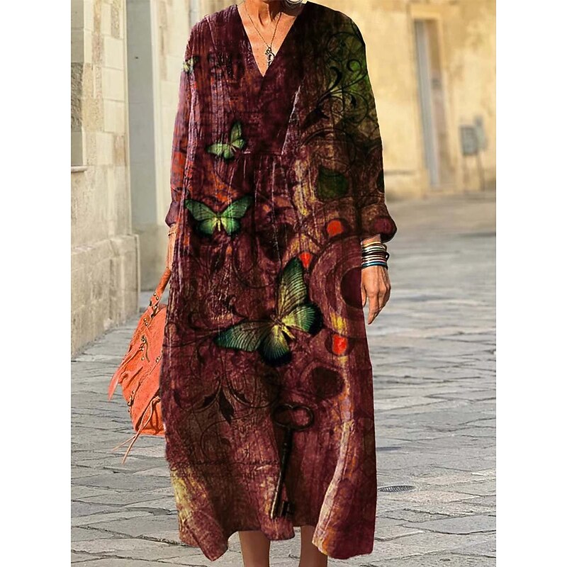 Women's Midi Dress Sundress A Line Dress Vacation Casual Boho Going out Beach Loose Fit Graphic Geometric Long Sleeve V Neck Red Purple Green Dark Gray Spring Fall Winter Autumn3