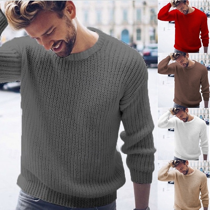 Men's Sweater Pullover Sweater Jumper Ribbed Knit Regular Tops Knitted Slim Fit Plain Crew Neck Knitwear Contemporary Casual Daily Wear Clothing Apparel Fall Winter White Red S M L