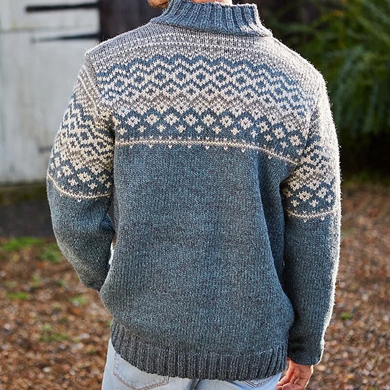 Men's Geometric Diamond Pattern Fair Isle Sweater Zip Sweater Sweater Polo Zip Collar Casual Vacation Home Daily Zipper Knitting Keep Warm Long Sleeve Fall Winter Blue3