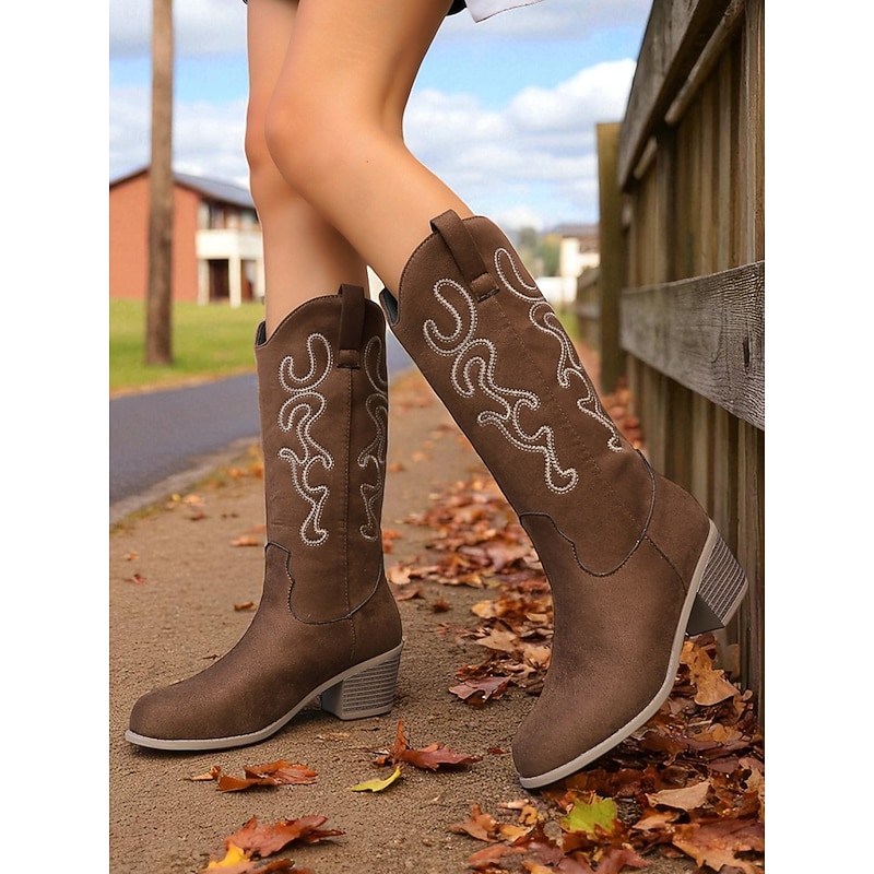 Women's Red Suede Cowboy Knee High Boots with Embroidered Western Design and Low Block Heel – Country Style Boots for Ladies, Ideal for Rodeo, Festivals & Casual Outfits4