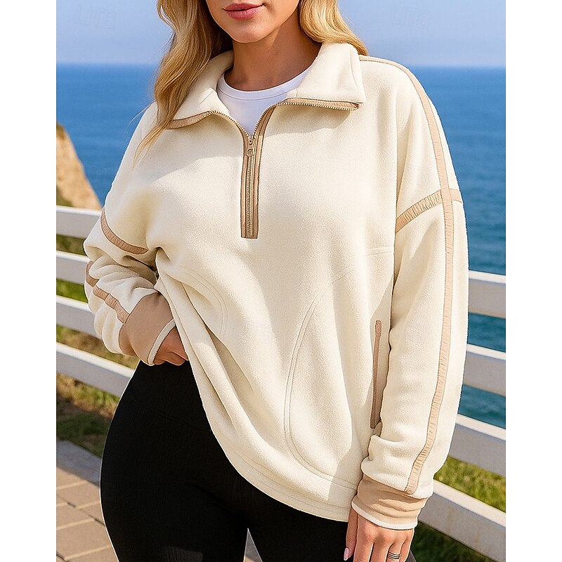 Women's Pullover Sweatshirt Casual Tops Baggy Quarter Zip Long Sleeve Top Athleisure Fall Solid Colored Outdoor Travel Vacation Sportswear Activewear Black White Blue4