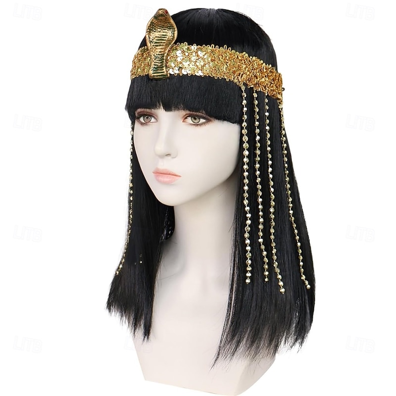 Black Cleopatra Wig Hair Black Bob Hair with Bangs for Women Wigs Cleopatra Cospaly Wig Short Straight Bob Cosplay Hairs and Accessories for Halloween Costume Outfit3