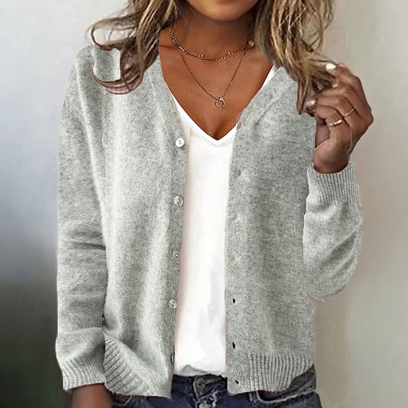 Women's Sweater Cardigan Streetwear Casual Solid Color V Neck Buttons Knitted Long Sleeve Regular Tops Knit Daily Holiday Going out Wine Red Black Fall Winter