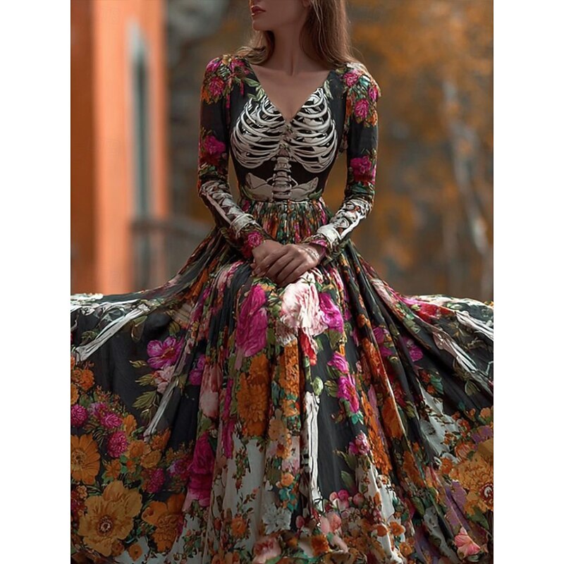 Halloween Women's Maxi Dress Pleated Dress Boho Date Regular Fit Floral Skull Long Sleeve V Neck Black Fall