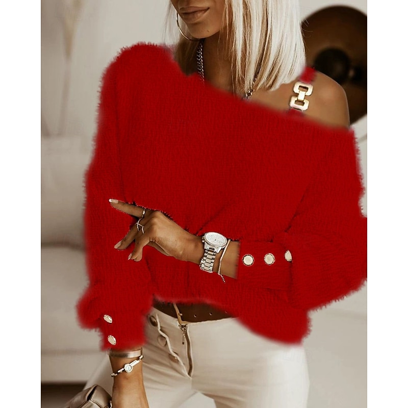 Women's Sweater Casual Soft Pure Color Ribbed Crew Neck V Neck Knitted Cold Shoulder Long Sleeve Regular Tops Knit Outdoor Daily Weekend Red Fall Winter