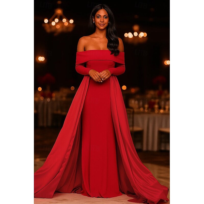 Red Formal Evening Gown Stretch Crepe Elegant with Detachablle Overskirt Wedding Sweep / Brush Train Long Sleeve Off Shoulder Satin 2025