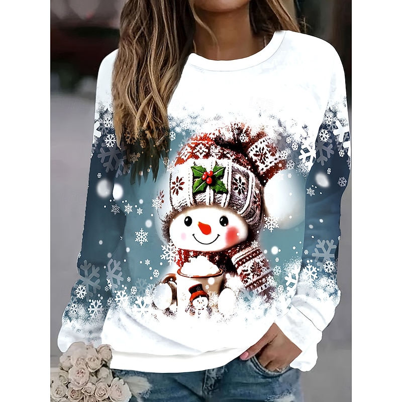 Women's Pullover Sweatshirt Hoodies Graphic Snowman Fashion Casual Long Sleeve Crew Neck Round Neck Regular Tops Street Dailywear Casual Print Blue Spring Fall Winter