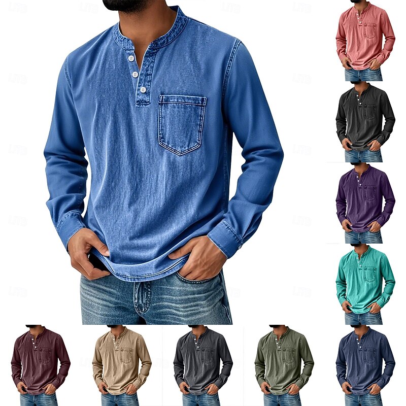 Men's Henley Shirt Vintage Shirt T shirt Tee Long Sleeve Vintage Retro Vintage Casual Printed Graphic Henley Casual Spring Fall All Seasons Black Pink Light Blue Henley T-Shirt