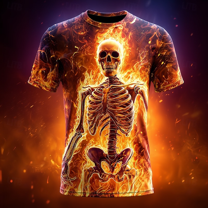 Halloween Men's Optical Illusion Hellfire Flames 3D Skeleton T Shirt Short Sleeve T shirt 3D Print Crew Neck Shirt Exaggerated Designer Horror Party Street Holiday Blue Orange Orange 2 Summer Spring3