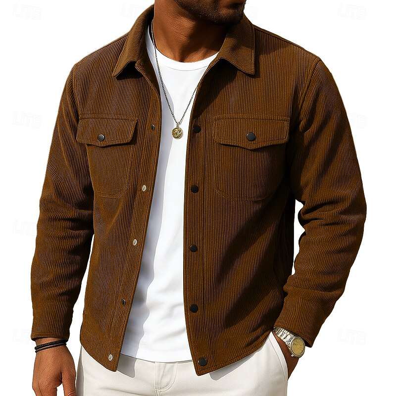 Men's Corduroy Shirt Black Brown Green Gray Long Sleeve Plain Turndown School Training Pocket Clothing Apparel Vintage Classic Casual2