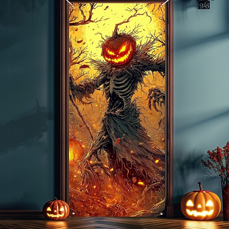 Halloween Door Covers Pumpkin and Scarecrow Tapestry Door Curtain Decoration, Spooky Harvest Backdrop Door Banner for Front Door Indoor Outdoor Haunted House Halloween Party Decor2