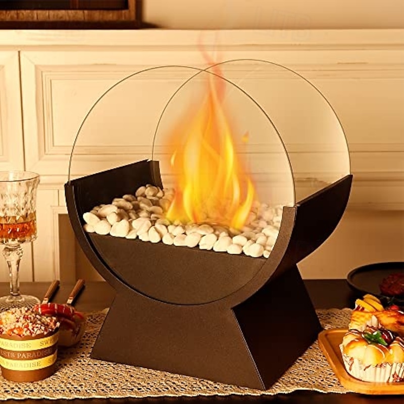 Round Glass Tabletop Fireplace, Clean Burning Portable Fire Bowl, Ventless Fireplace for Indoor Outdoor Patio Parties Events