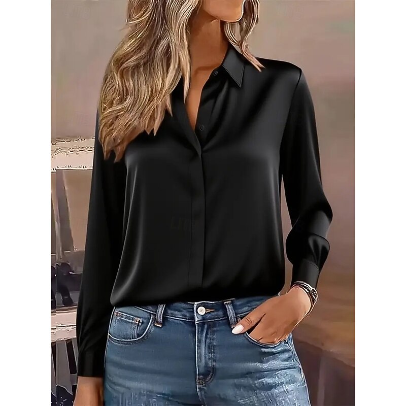 Women's Blouse Plain Elegant Daily Stylish Long Sleeve V Neck Regular Tops Buttons Black White Fall2