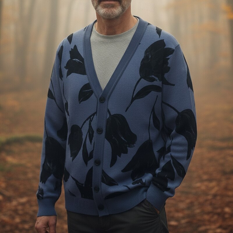 Christmas Men's Floral Botanical Flower / Plants Sweater Cardigan Sweater V Neck Retro Vintage Casual Outdoor Home Party Buckle Long Sleeve Fall Winter Blue Rose Red Grey