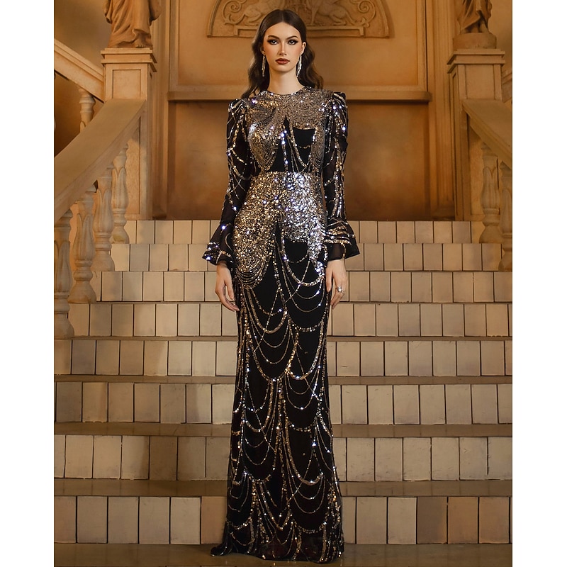 Mermaid / Trumpet Sheath / Column Evening Gown Elegant Formal Dress Formal Wedding Floor Length Long Sleeve Crew Neck Tulle with Ruched Sequin Slit 2025