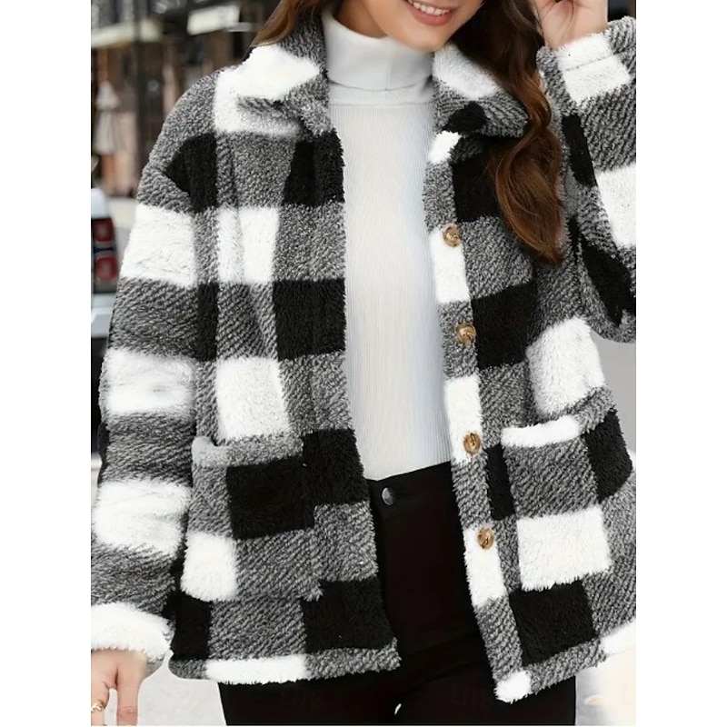 Women's Fleece Jacket Comfortable Breathable Pocket Buttons Print Fashion Casual Plaid Vacation Street Casual Daily Wear Single Breasted Regular Turndown Regular Fit Long Sleeve Outerwear Black Red