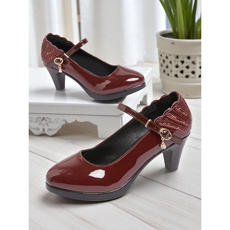 Women's Burgundy Patent  Faux Leather Mary Jane Heels with Ankle Strap – Classic Comfort Pumps for Church Events, Banquets and Middle-Aged Ladies' Gatherings