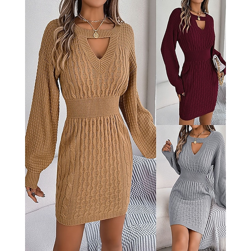 Women's Mini Dress Sweater Dress Bodycon Sheath Dress Fashion Modern Lantern Sleeve Daily Holiday Weekend Regular Fit Plain Long Sleeve Crew Neck Wine Khaki Grey Spring Fall