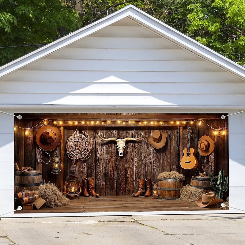 Garage Door Cover Large Hanging Backdrop Cowboy Barn Bull Skull Western Rustic Cottagecore Party Outdoor Shooting Backgrounds Front Door Home Decor