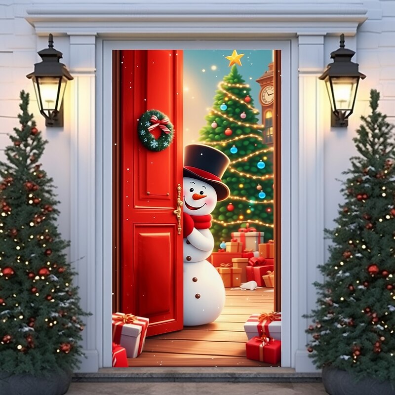 Christmas Door Cover Winter Holiday Decoration Drapes with Snowman Opening Door and Christmas Tree Print for Home Entryway Living Room Bedroom Indoor Outdoor Festive Seasonal Home Decor