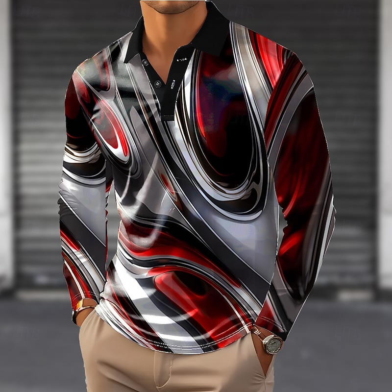 Men's Abstract Geometic Polo Long Sleeve Polo Shirts Lapel Casual Outdoor Street Athleisure Daily Wear 3D Print Buttons Spring Fall Winter Red Purple Green