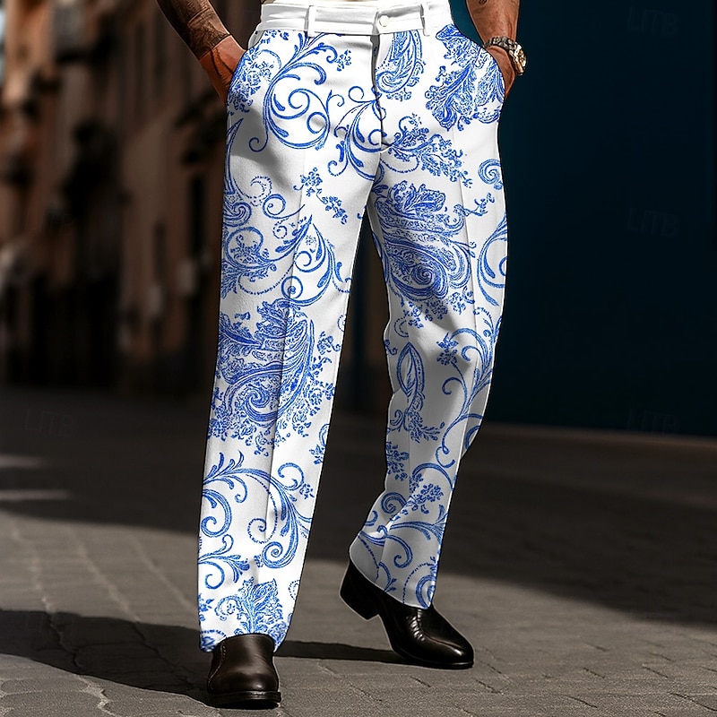 Men's Paisley Floral Print Ethnic Dress Pants Trousers Suit Pants Mid Waist Vintage Retro Casual Holiday Relaxed Fit Flat Front Dress Pants with Side Pockets Spring Fall 3D Print Black White4