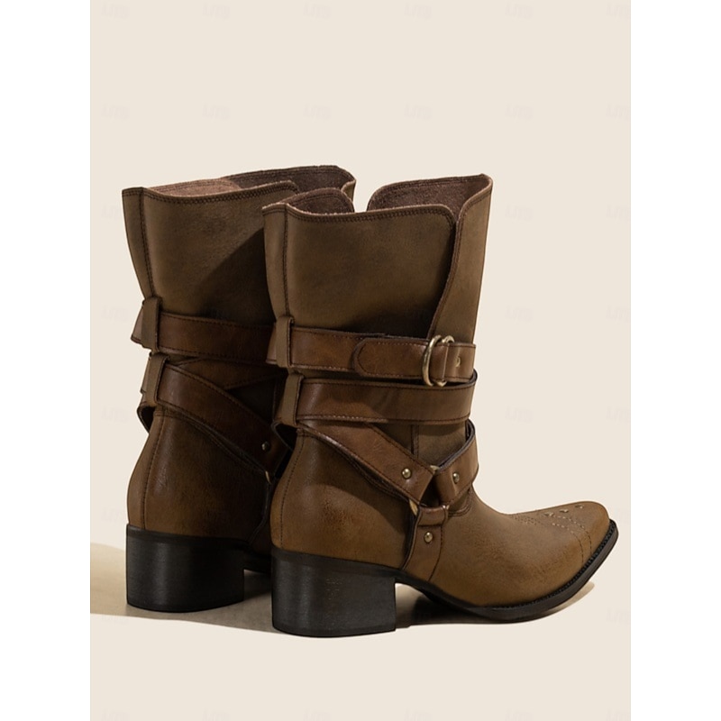 Women's Bohemian Western Style Brown Boots with Buckle Straps and Chunky Heel - Perfect for Casual Wear and Festivals4
