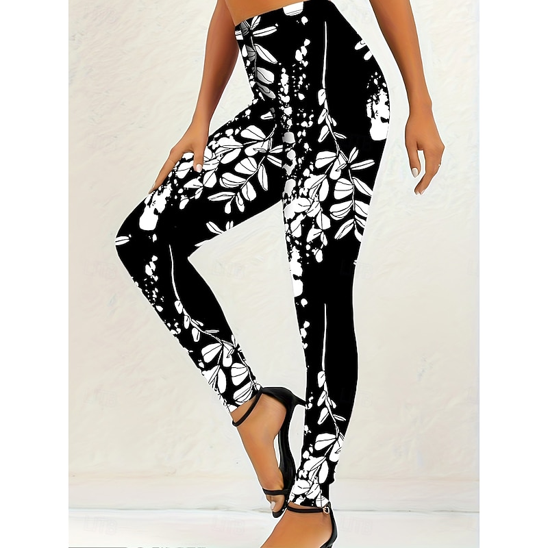 Women's Leggings Vacation Vintage Fashion Full Length High Waist Floral Graphic Printing Thermal Warm Soft Breathable High Elasticity Vacation Street Casual Black and White Spring Fall Winter Slim Fit